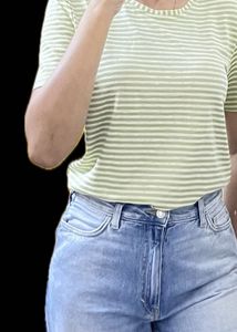 Olive Green &amp; White Striped Cotton T-Shirt Top