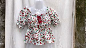 I. Strawberry Print Peplum Top