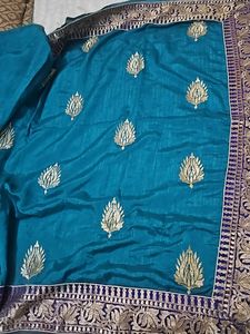 Teal Fabric with Gold Embroidery