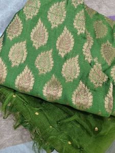 Green &amp; Gold Silk Suit And Dupatta