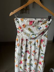 Tropical Fruit  Print Strapless Cotton Midi Dress