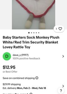 Baby Starters Sock Monkey Plush White/Red Trim Sec