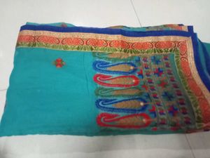 Crepe Cyan Colour Saree