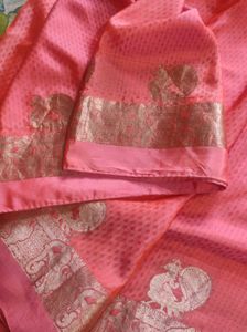 peach Pink Silk Saree With silver detailing