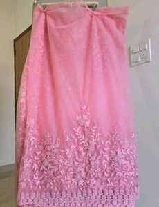 Stone Studded Pink Floral Embroidered Saree