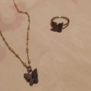 Necklace and Ring Combo Black Buttery Gold