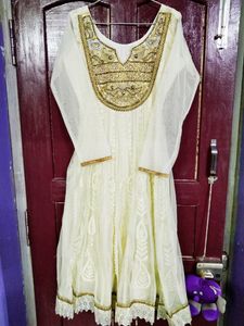 Elegant White &amp; Gold Embroidered Anarkali Dress