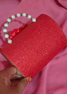 Red Glitter Floral Clutch with Pearl Handle