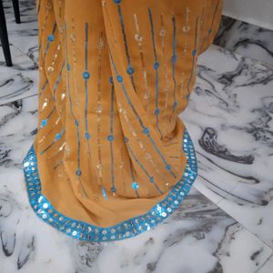 Blue &amp; Gold Embellished Saree
