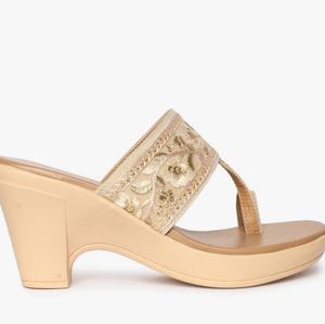 Gold Embroidered Wedge Sandals