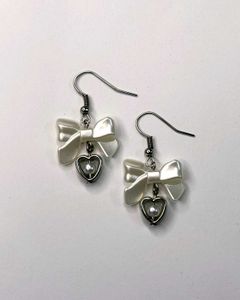 Handmade Beaded Pearl Bow Earrings with Heart