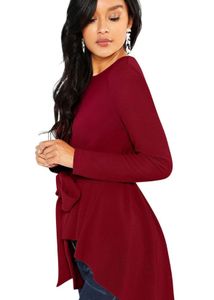Maroon Long Sleeve Peplum Top with Waist Tie