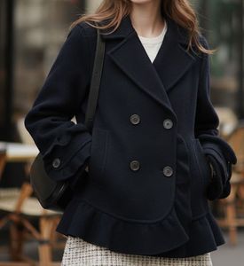 Chic Navy Peacoat with ruffle