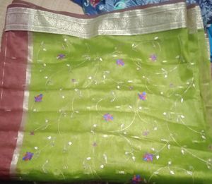Beautiful Green And Maroon  Organza Saree