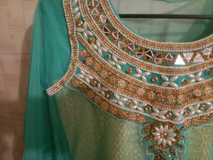 Elegant Teal &amp; Gold Anarkali Dress