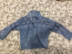 Crop Blue Floral Embroidered Shirt Off Shoulder