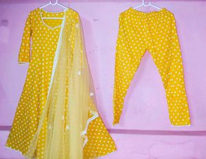 Bright Yellow Printed Kurta Pant Dupatta Set