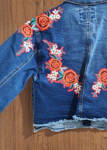 Dark Blue Denim Jacket With Floral Back