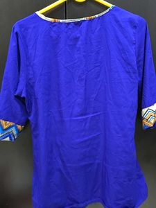 Blue Top with Patterned Trim