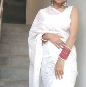 Women White Net Saree
