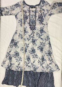 Libas Printed Gown/Kurta White And Blue