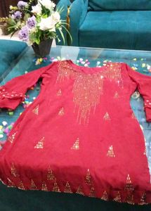 Red Embellished Kurta