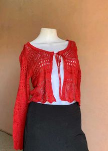 Red Crochet Knit Cardigan