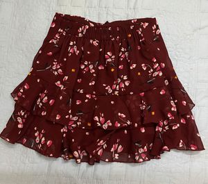 Burgundy Floral Ruffle Mini Skirt