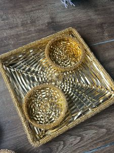 Gold Woven Coaster Set with Tray