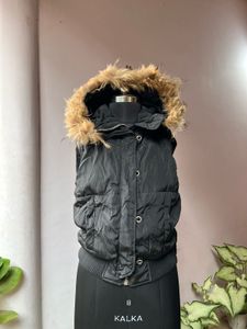 Black Puffer Vest with Fur Hood