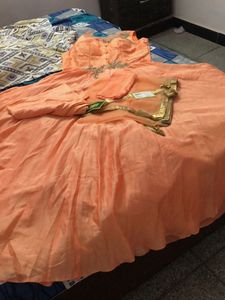Elegant Peach Embroidered Gown Pant With Dupatta