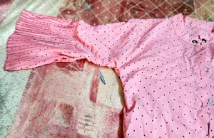 Cute Baby Pink Polka Dot Shirt with Pleated Sleeve