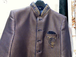 Men's Blue & Gold Embroidered Sherwani Jacket