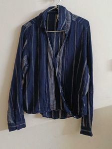 Navy Striped Wrap Top