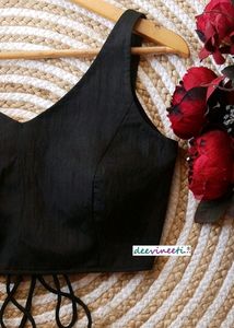 Black Cotton Backless V Neck Blouse