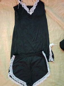 Black Lace Trim Pajama Set