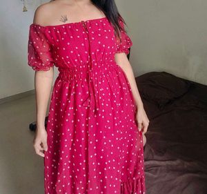Red Polka Dot Off-Shoulder midi  Dress