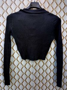 Black Ribbed Polo Crop Top