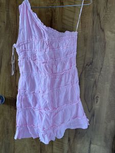 Cute Pink one shoulder Ruffled Mini Dress
