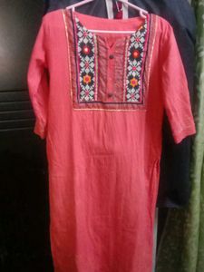 Embroidered Coral Kurti With Cotton Lining
