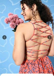 Orange Floral Print Lace up back Crepe Dress