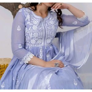 Lilac Chikankari Kurti Set With Pant And Dupatta