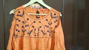 Orange Embroidered Cold Shoulder Top