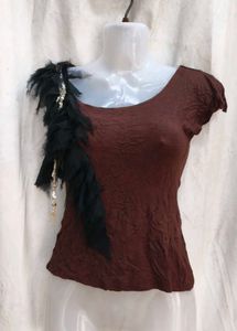 Unique Brown Top with Feather Detail