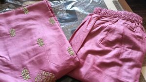 Pink &amp; Gold Embroidered Kurti With Pant