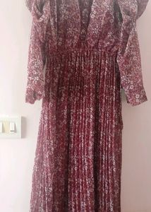 Red Flare Floral Dress With Balloon Sleeves