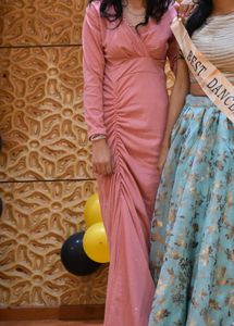 Elegant Rose Pink Ruched Maxi Dress with Full Slee