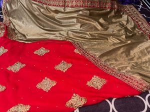Elegant Red &amp; Gold Saree with stitched blouse