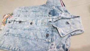 Acid Wash Denim Jacket with Striped Sleeves