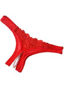 Red Lace Thong with Pearl Detail